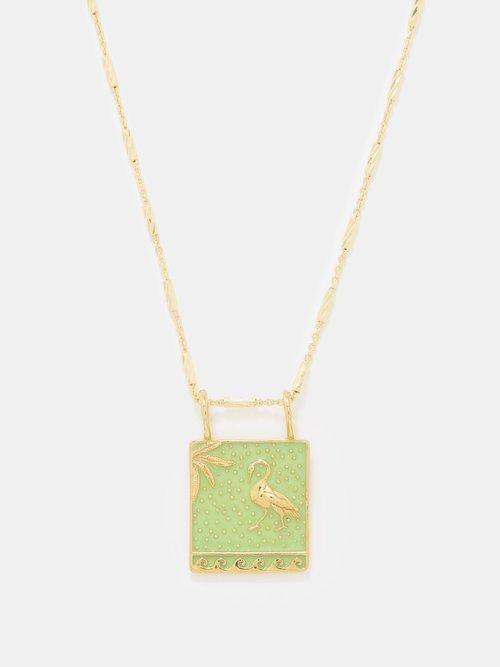 Hermina Athens - Circe's Heron Enamel & Gold-plated Necklace - Womens - Green Multi