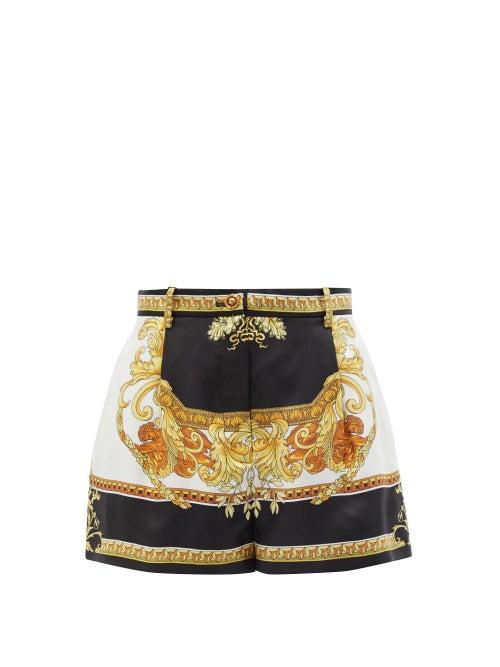 Ladies Rtw Versace - Baroque-print Silk-twill Shorts - Womens - Yellow Multi