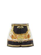 Ladies Rtw Versace - Baroque-print Silk-twill Shorts - Womens - Yellow Multi