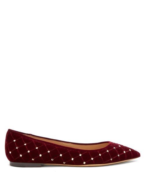 Matchesfashion.com Valentino - Rockstud Spike Velvet Point Toe Ballet Flats - Womens - Burgundy