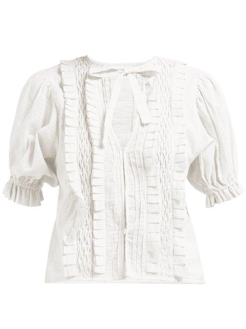 Matchesfashion.com Innika Choo - Smocked Checked Cotton Blouse - Womens - White
