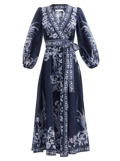 Ladies Beachwear Zimmermann - Aliane Floral-print Cotton-voile Wrap Dress - Womens - Navy