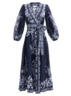 Ladies Beachwear Zimmermann - Aliane Floral-print Cotton-voile Wrap Dress - Womens - Navy