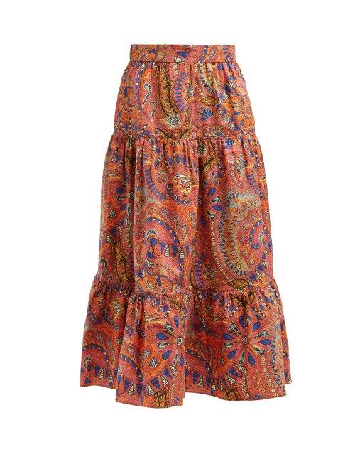 Matchesfashion.com Etro - Paisley Print Mid Rise Tiered Midi Skirt - Womens - Pink Multi