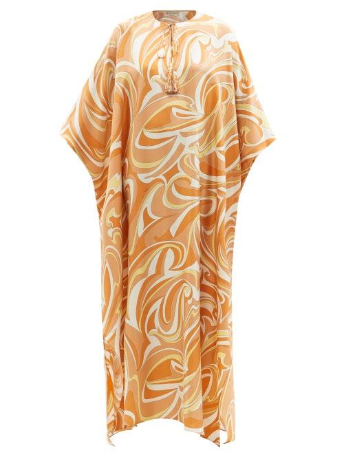 Emilio Pucci - Tie-neck Vortici-print Silk-twill Kaftan Dress - Womens - Orange Multi