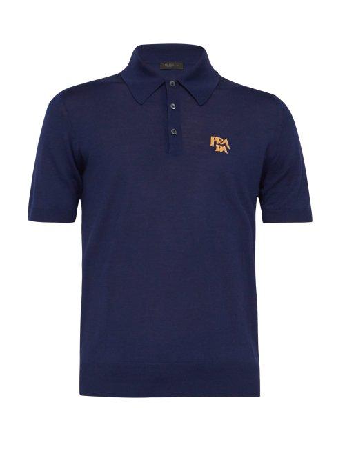 Matchesfashion.com Prada - Logo Jacquard Wool Blend Polo Shirt - Mens - Dark Blue