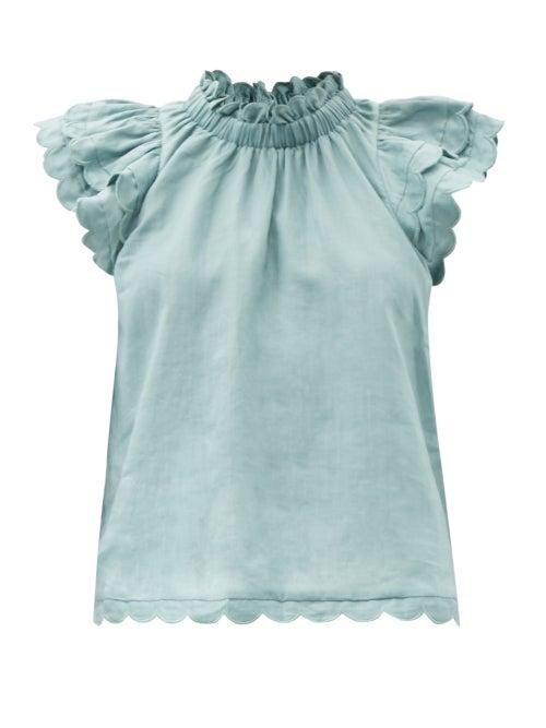 Matchesfashion.com Sea - Shannon Scalloped-sleeve Ramie Top - Womens - Blue