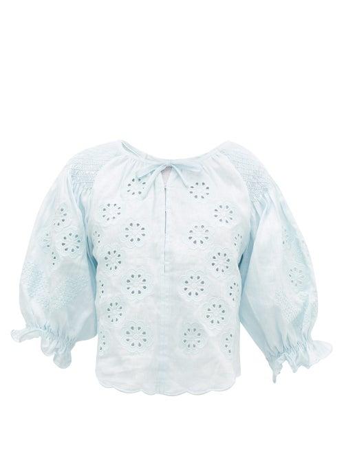 Matchesfashion.com Innika Choo - Oliver Daily Embroidered Linen-poplin Blouse - Womens - Light Blue