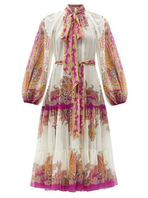 Ladies Beachwear Zimmermann - Teddy Pussy-bow Paisley-print Midi Dress - Womens - Pink Print