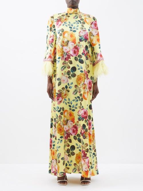 Andrew Gn - Feather-trim Floral-print Silk Dress - Womens - Yellow Multi