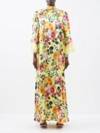Andrew Gn - Feather-trim Floral-print Silk Dress - Womens - Yellow Multi