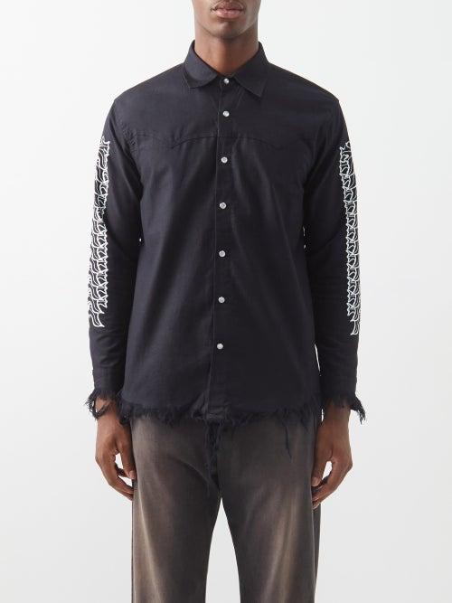 Youths In Balaclava - Frayed Floral-print Cotton Shirt - Mens - Black