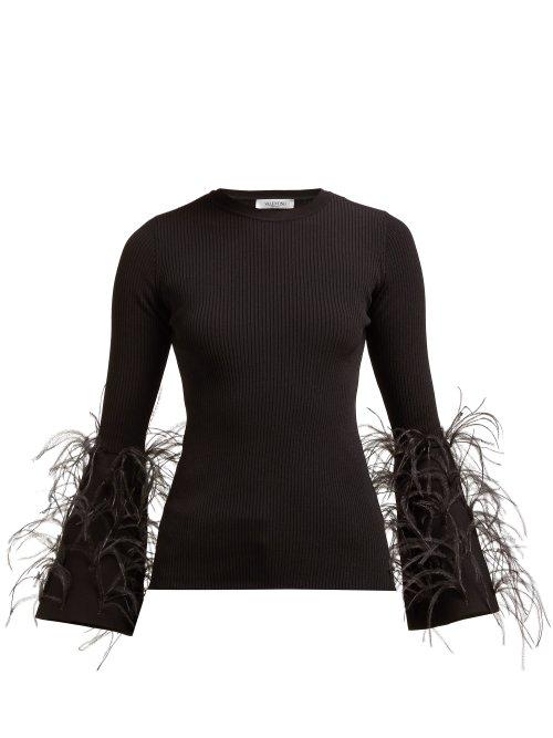 Matchesfashion.com Valentino - Feather Trimmed Ribbed Knit Stretch Jersey Top - Womens - Black