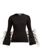Matchesfashion.com Valentino - Feather Trimmed Ribbed Knit Stretch Jersey Top - Womens - Black