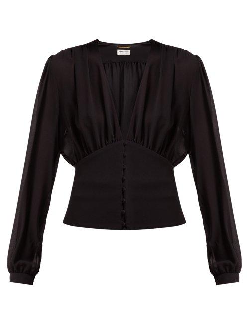 Matchesfashion.com Saint Laurent - Plunge Neck Silk Georgette Blouse - Womens - Black