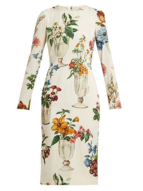 Matchesfashion.com Dolce & Gabbana - Floral And Vase Print Silk Blend Crpe Dress - Womens - White Multi