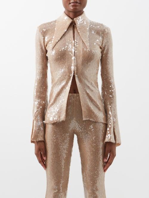 16arlington - Opala Spearpoint-collar Sequinned Shirt - Womens - Beige