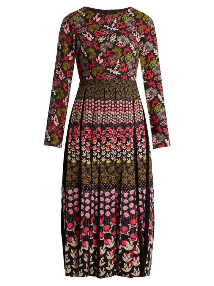 Saloni Nuri Floral-print Lace-trimmed Pleated Dress