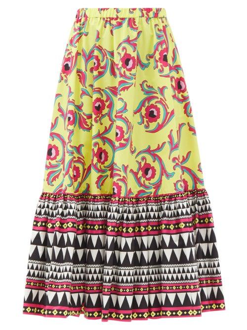 Matchesfashion.com La Doublej - Sunset Cartwheel-print Cotton-poplin Midi Skirt - Womens - Yellow Multi