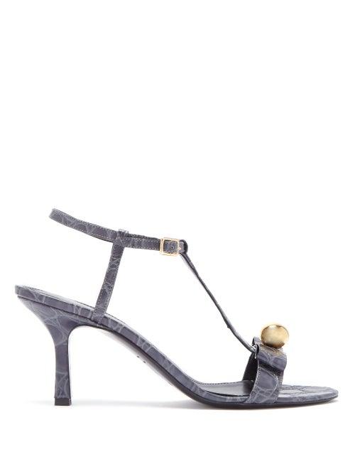 Matchesfashion.com Erdem - Kamira Crocodile Embossed Leather T Bar Sandals - Womens - Grey