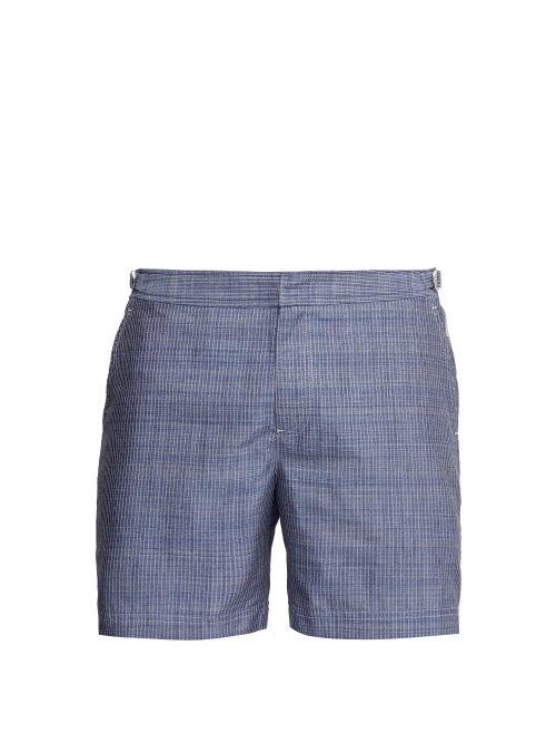 Matchesfashion.com Orlebar Brown - Bulldog Check Stitched Chambray Swim Shorts - Mens - Blue