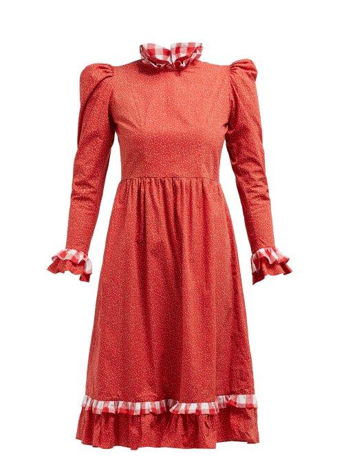 Matchesfashion.com Batsheva - Ruffle Floral Printed Cotton Prairie Midi Dress - Womens - Red