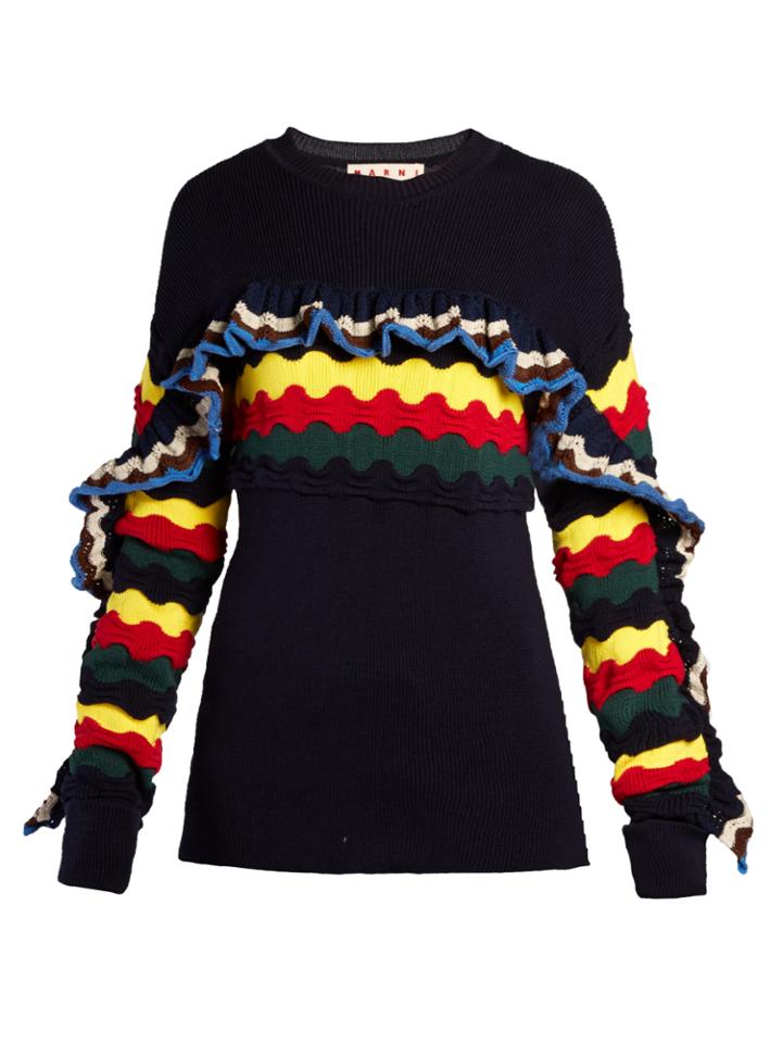 Marni Striped Crochet Ruffle-trimmed Sweater