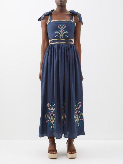 Lug Von Siga - Ornella Embroidered Tencel Midi Dress - Womens - Blue Multi