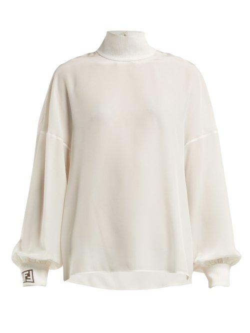 Matchesfashion.com Fendi - Logo Jacquard Silk Crepe De Chine Blouse - Womens - White