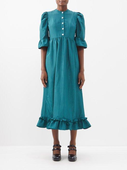 Batsheva - Ella Ruffled Moir Dress - Womens - Dark Green