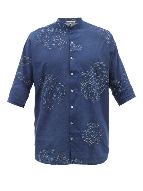11.11 / Eleven Eleven - High-neck Bandhani-dyed Organic Cotton Shirt - Mens - Blue Print