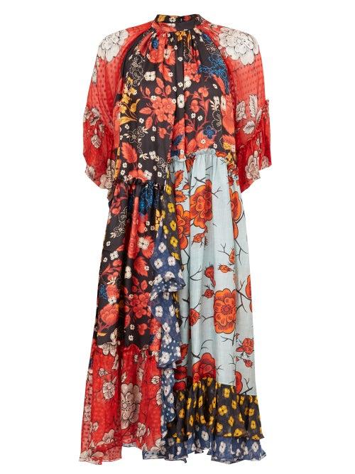 Matchesfashion.com Biyan - Agis Ruffled Floral-print Silk Dress - Womens - Black Red