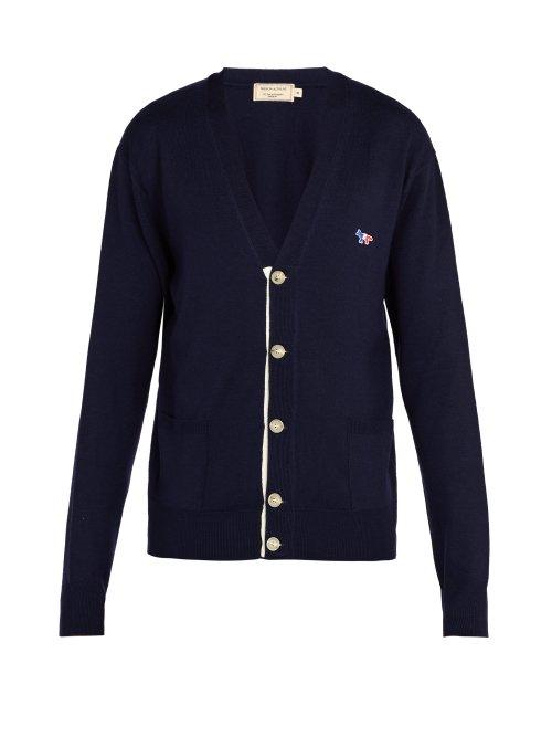 Matchesfashion.com Maison Kitsun - Logo Embroidered Wool Cardigan - Mens - Navy