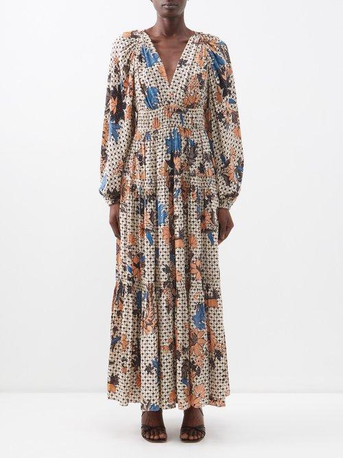Ulla Johnson - Linnea V-neck Orchid-print Silk Maxi Dress - Womens - White Multi