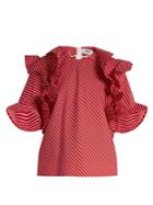 Msgm Ruffle-trimmed Striped Cotton Top