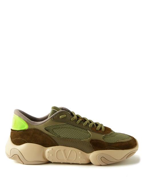 Valentino Garavani - Bubbleback Leather And Mesh Trainers - Mens - Green