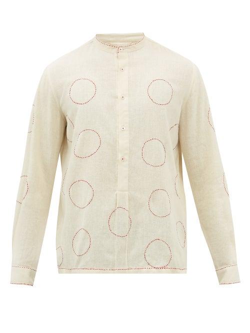 Harago - Circle-embroidered Stand-collar Silk Shirt - Mens - White Multi