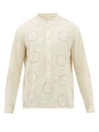 Harago - Circle-embroidered Stand-collar Silk Shirt - Mens - White Multi