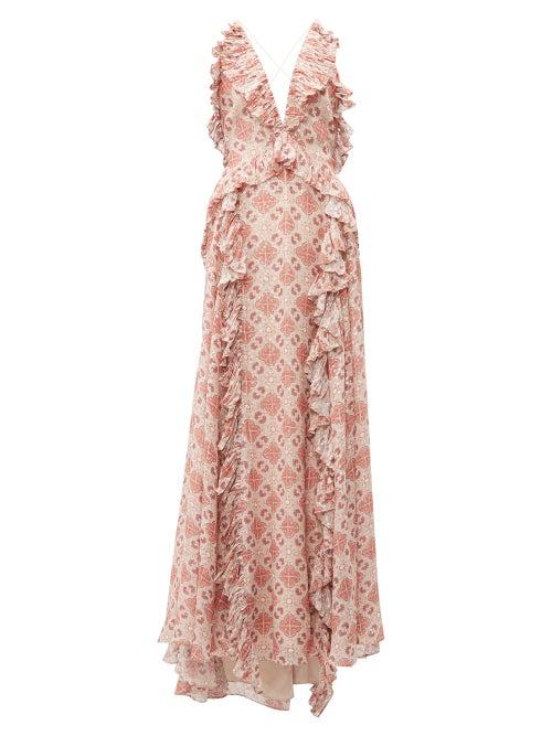 Matchesfashion.com Jonathan Simkhai - Ruffled Tile Print Silk Blend Gown - Womens - Beige Multi