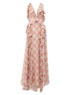 Matchesfashion.com Jonathan Simkhai - Ruffled Tile Print Silk Blend Gown - Womens - Beige Multi