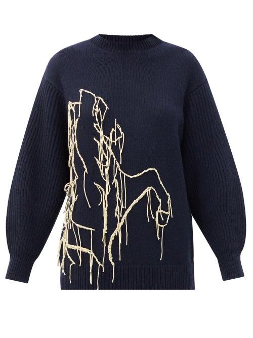 Matchesfashion.com Ssone - Joanie Embroidered Recycled-cashmere Sweater - Womens - Navy