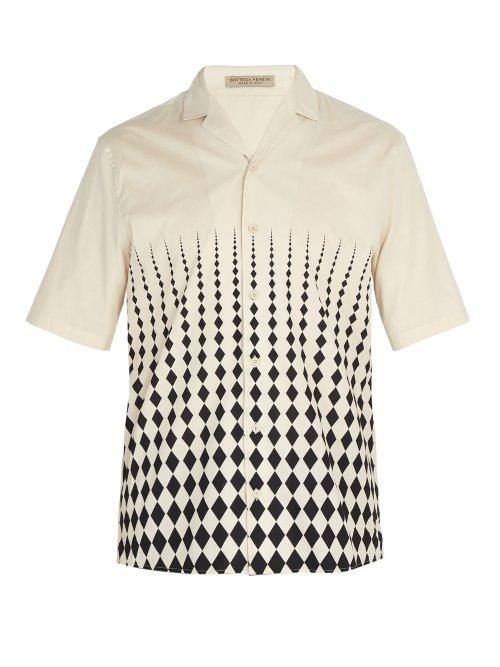 Matchesfashion.com Bottega Veneta - Cuban Collar Diamond Print Cotton Shirt - Mens - White Multi