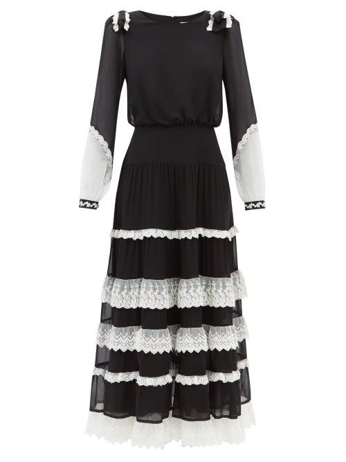 Saloni - Isabel Lace-trimmed Silk-crepe Midi Dress - Womens - Black White