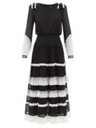 Saloni - Isabel Lace-trimmed Silk-crepe Midi Dress - Womens - Black White