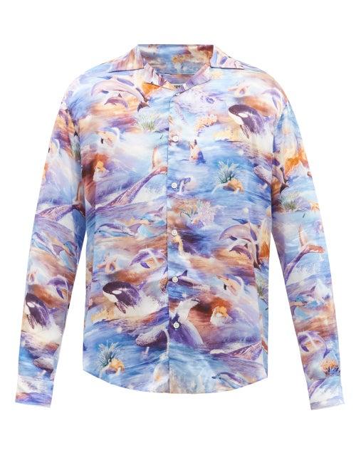 Phipps - Cuban-collar Ocean-print Poplin Shirt - Mens - Blue
