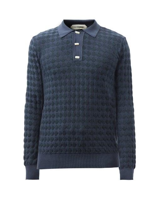 Namacheko - Diamond-knit Merino Wool Polo Shirt - Mens - Navy