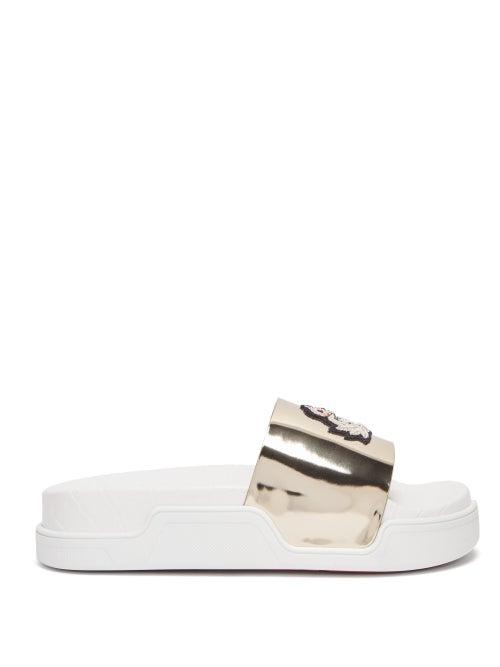 Matchesfashion.com Christian Louboutin - Beau Donna Crest Embellished Flatform Slides - Womens - Silver Multi