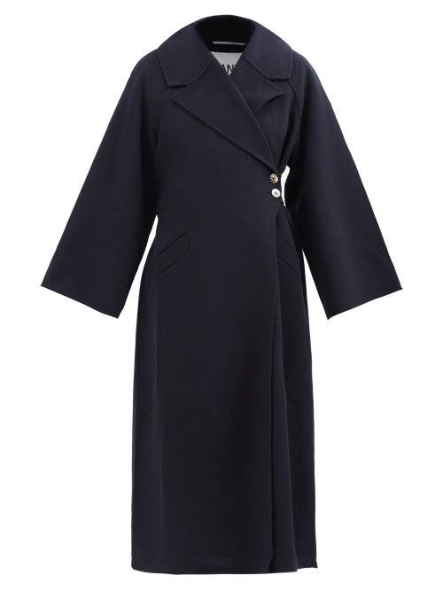Ganni - Belted Recycled Wool-blend Coat - Womens - Dark Navy