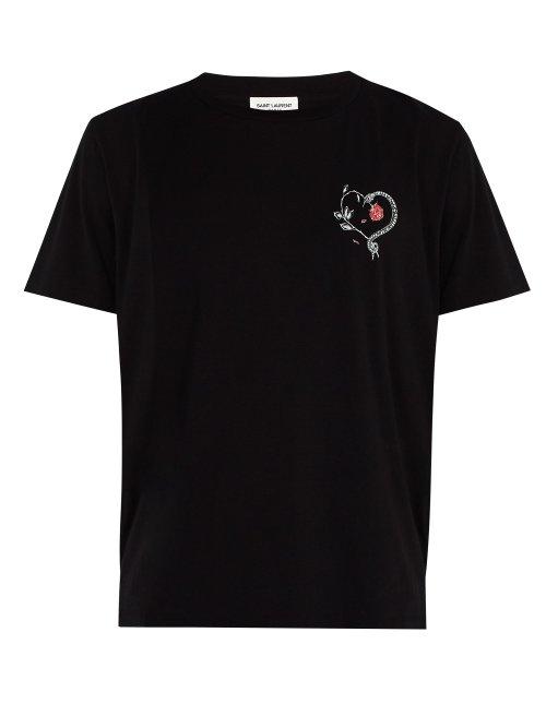 Matchesfashion.com Saint Laurent - Snake, Rose And Heart Print Crew Neck T Shirt - Mens - Black