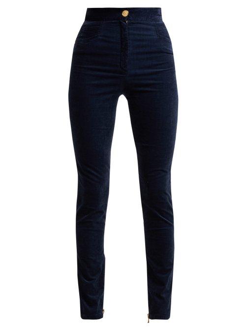 Matchesfashion.com Balmain - Cotton Blend Velvet Trousers - Womens - Dark Blue